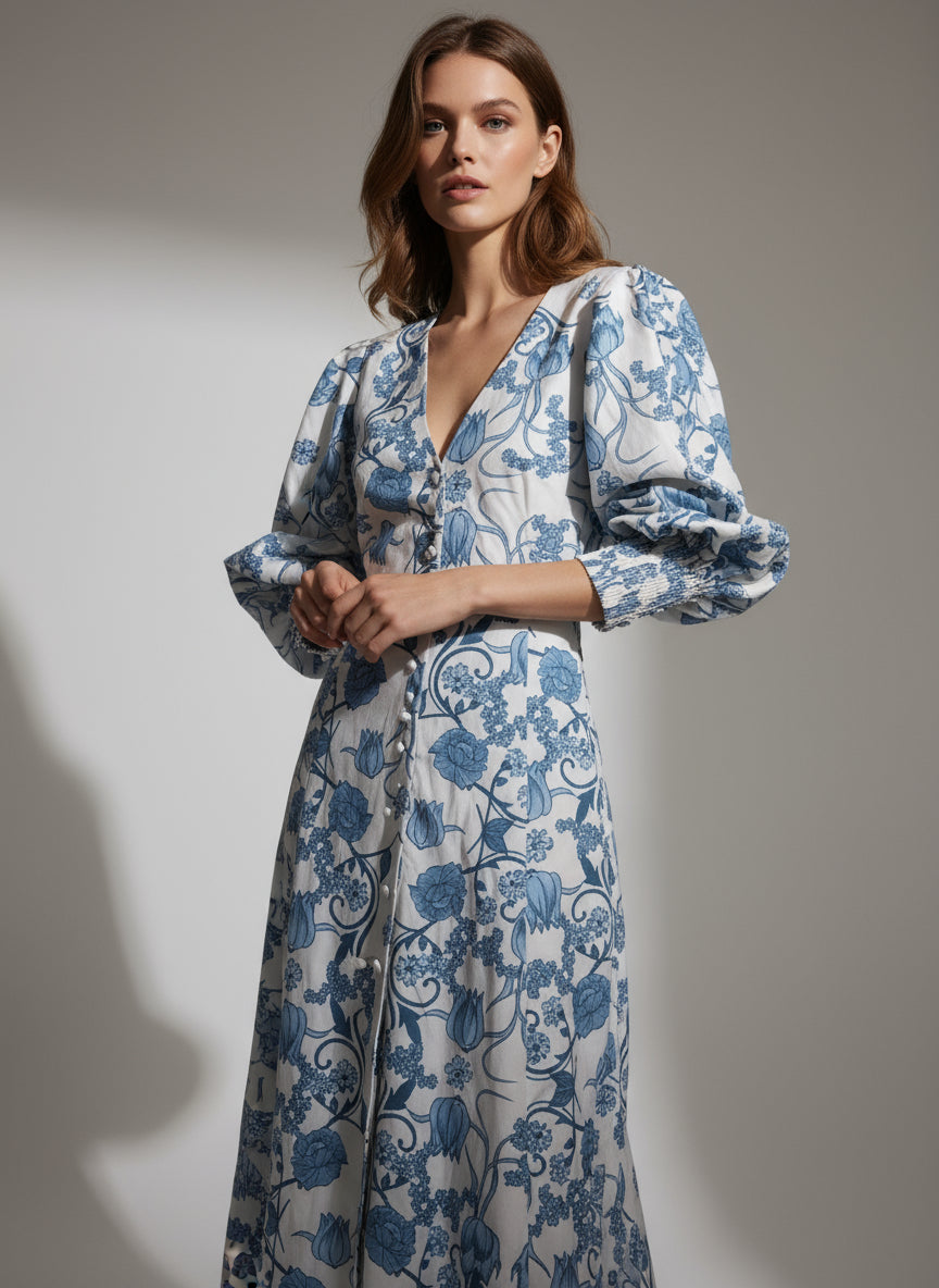 Vestido maxi mangas azul flores