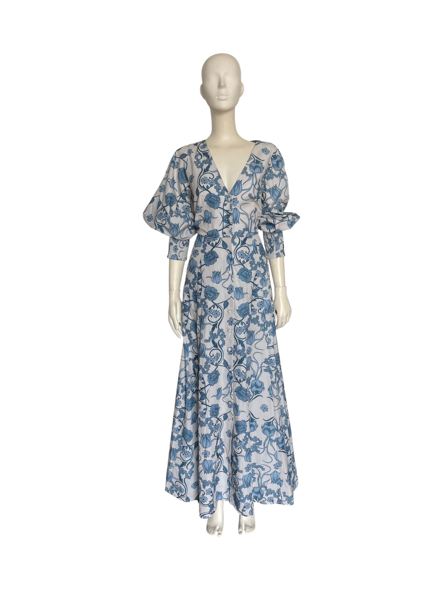 Vestido maxi mangas azul flores