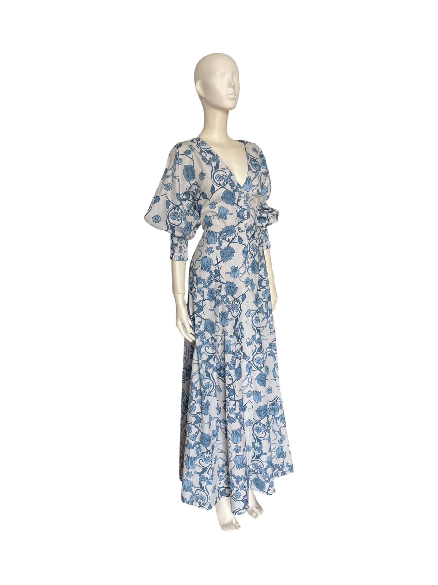 Vestido maxi mangas azul flores