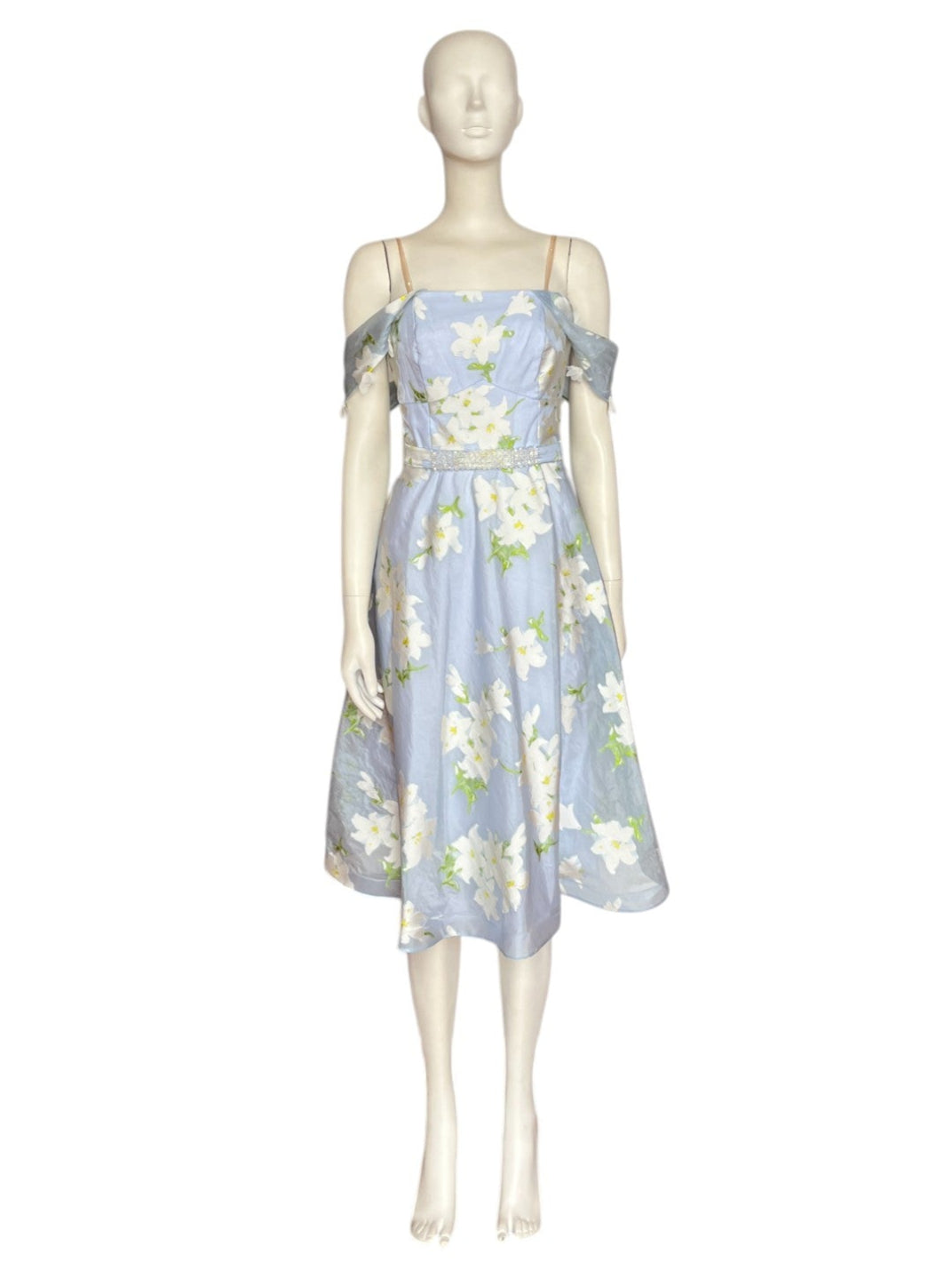 vestido mini azul flores blancas