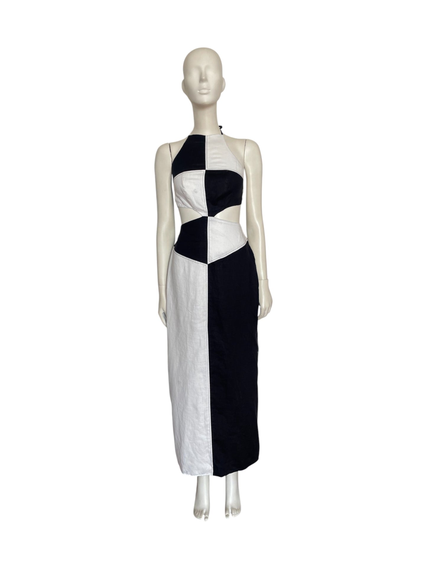 vestido midi asimetrico blanco y negro