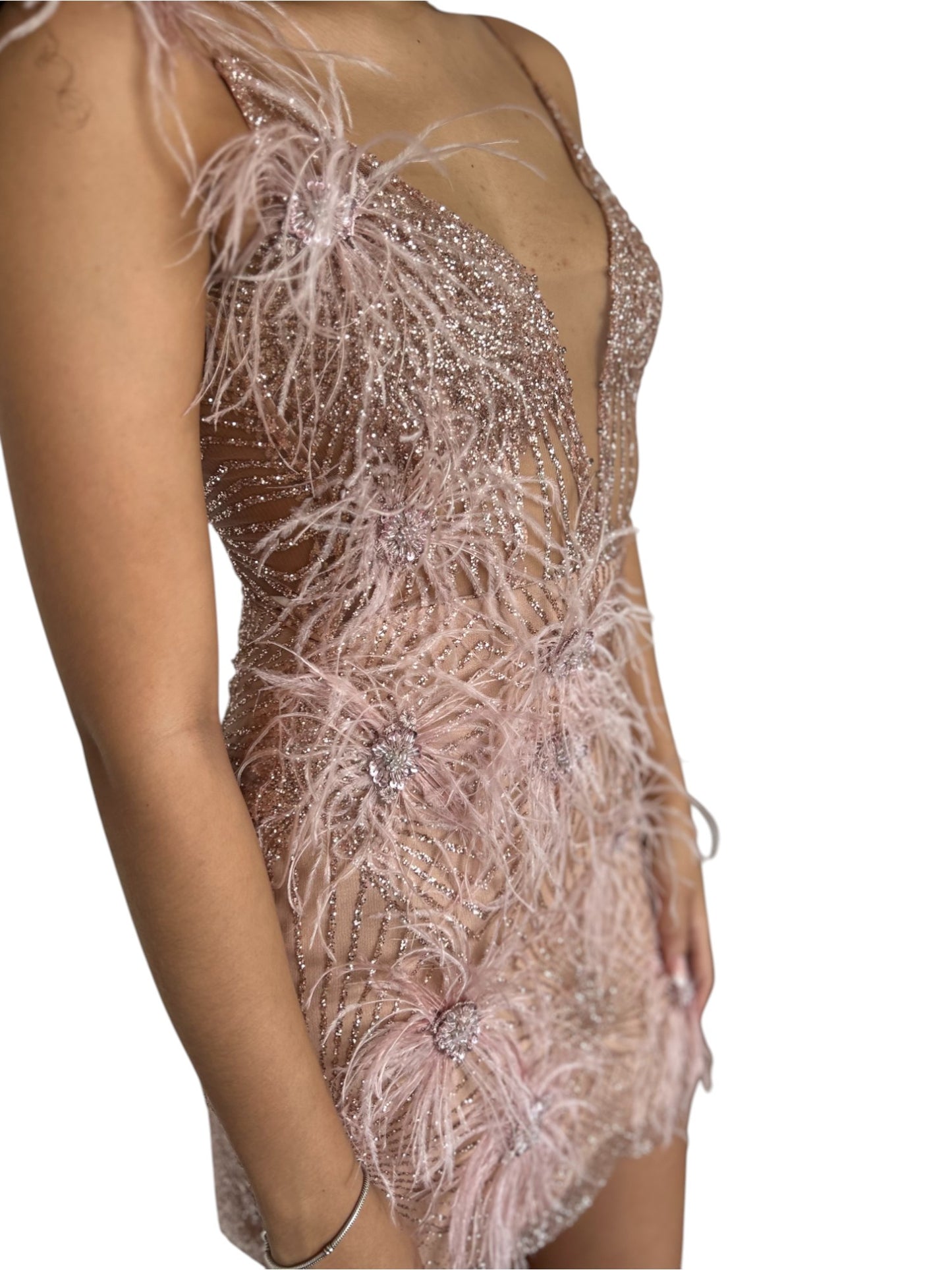 Vestido mini fiesta Plumas rosa