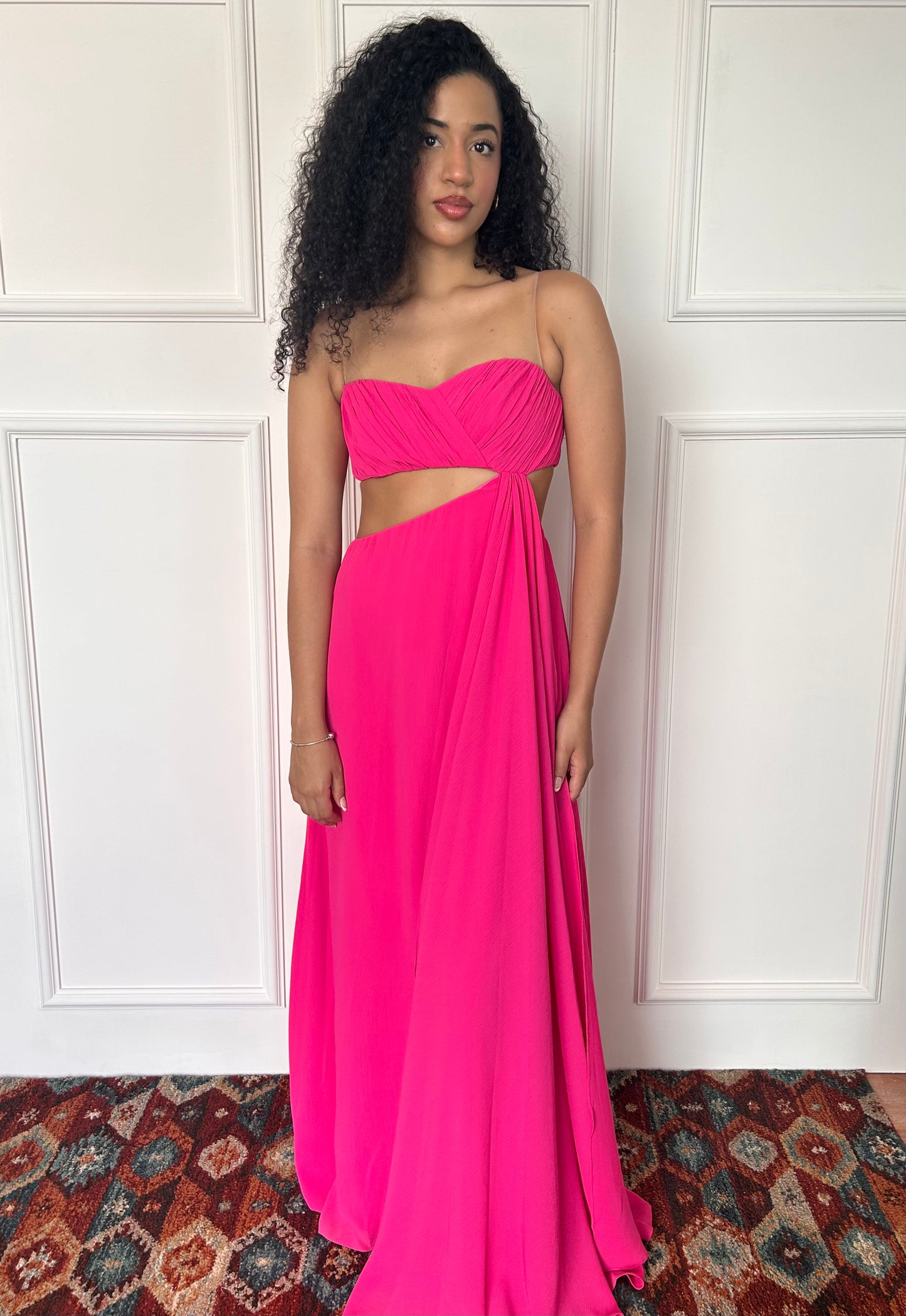 Vestido de fiesta straples fucsia