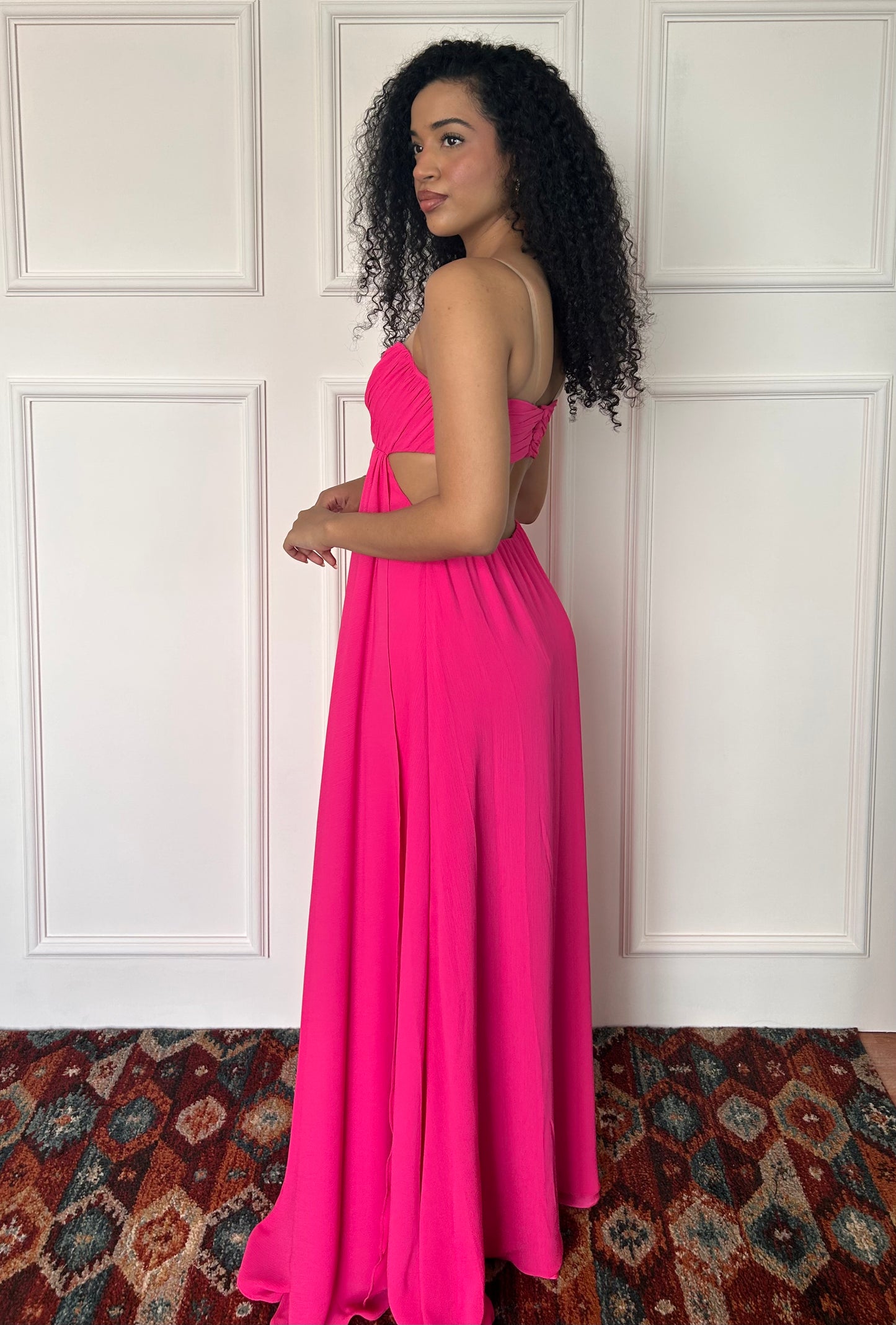 Vestido de fiesta straples fucsia