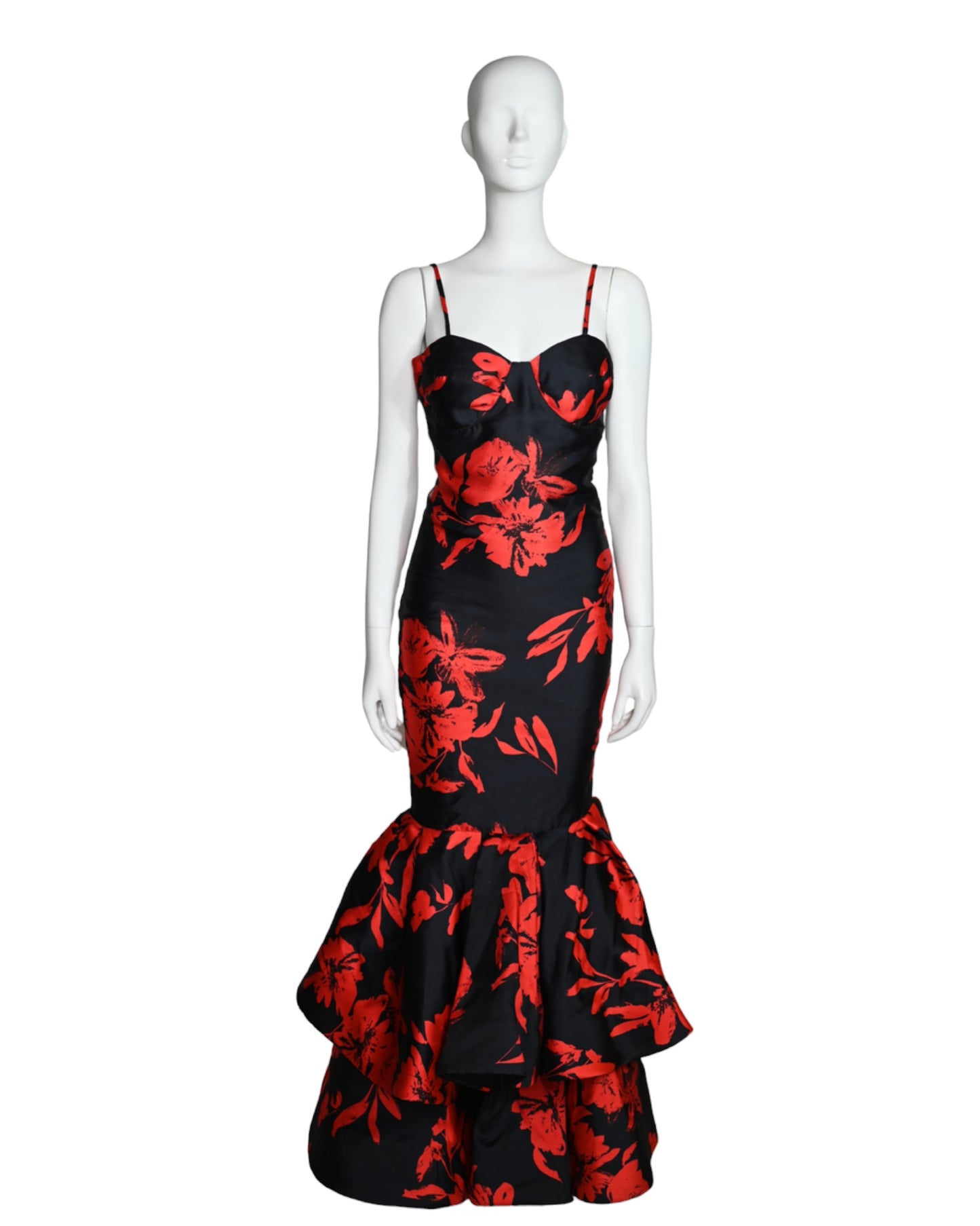 Vestido fiesta negro flores rojas