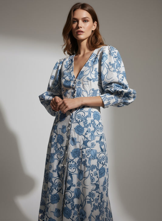 Vestido maxi mangas azul flores