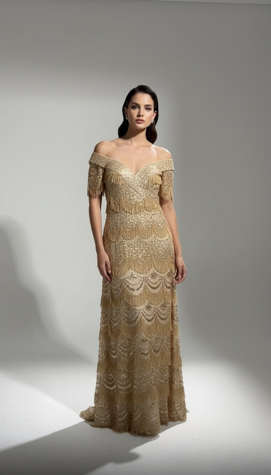 vestido piedras dorado