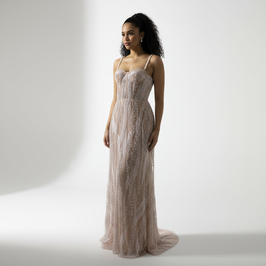 Vestido palo rosa recamado