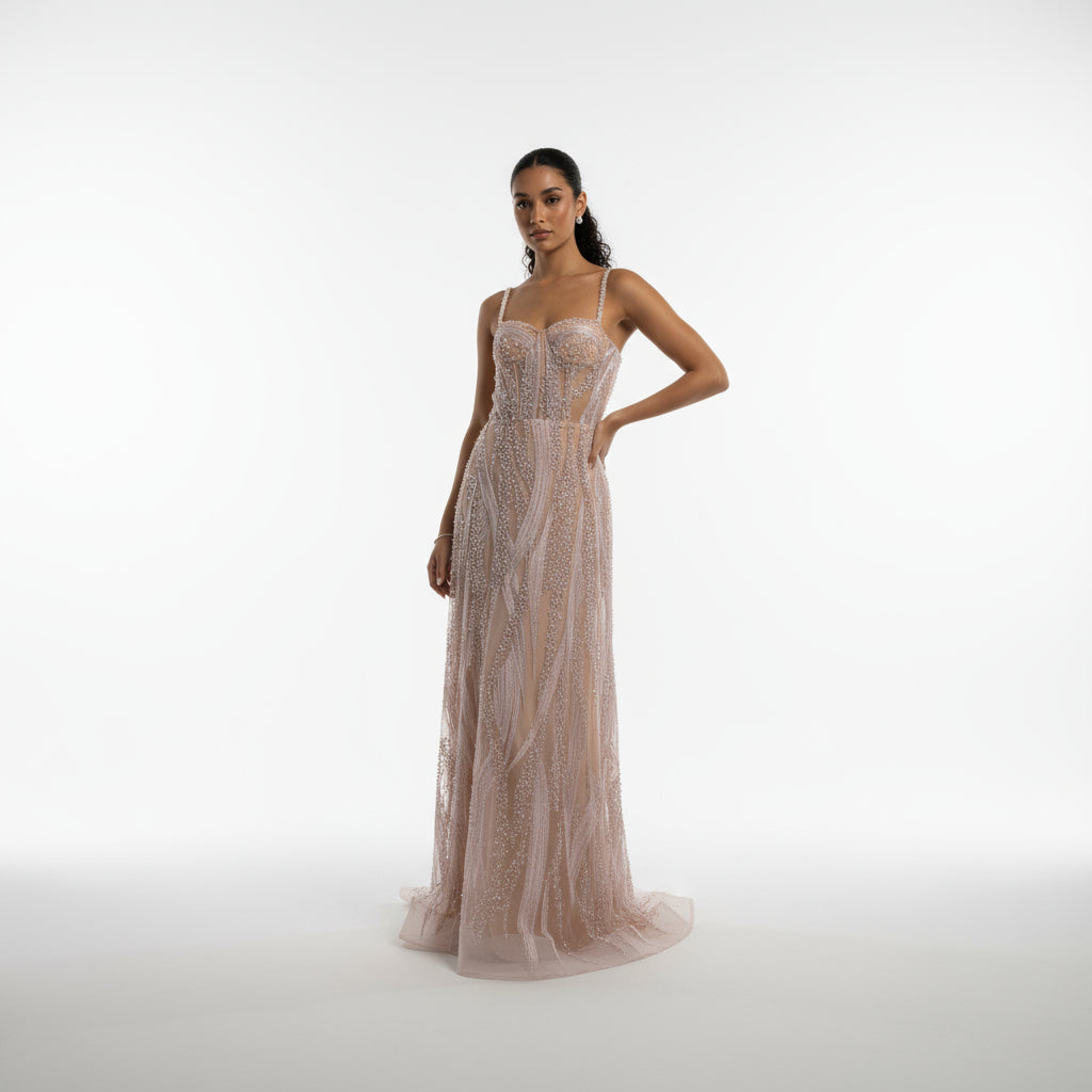 Vestido palo rosa recamado