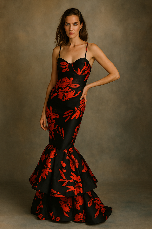 Vestido fiesta negro flores rojas
