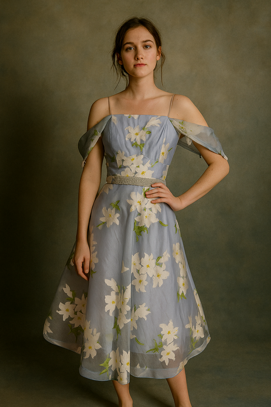 vestido mini azul flores blancas