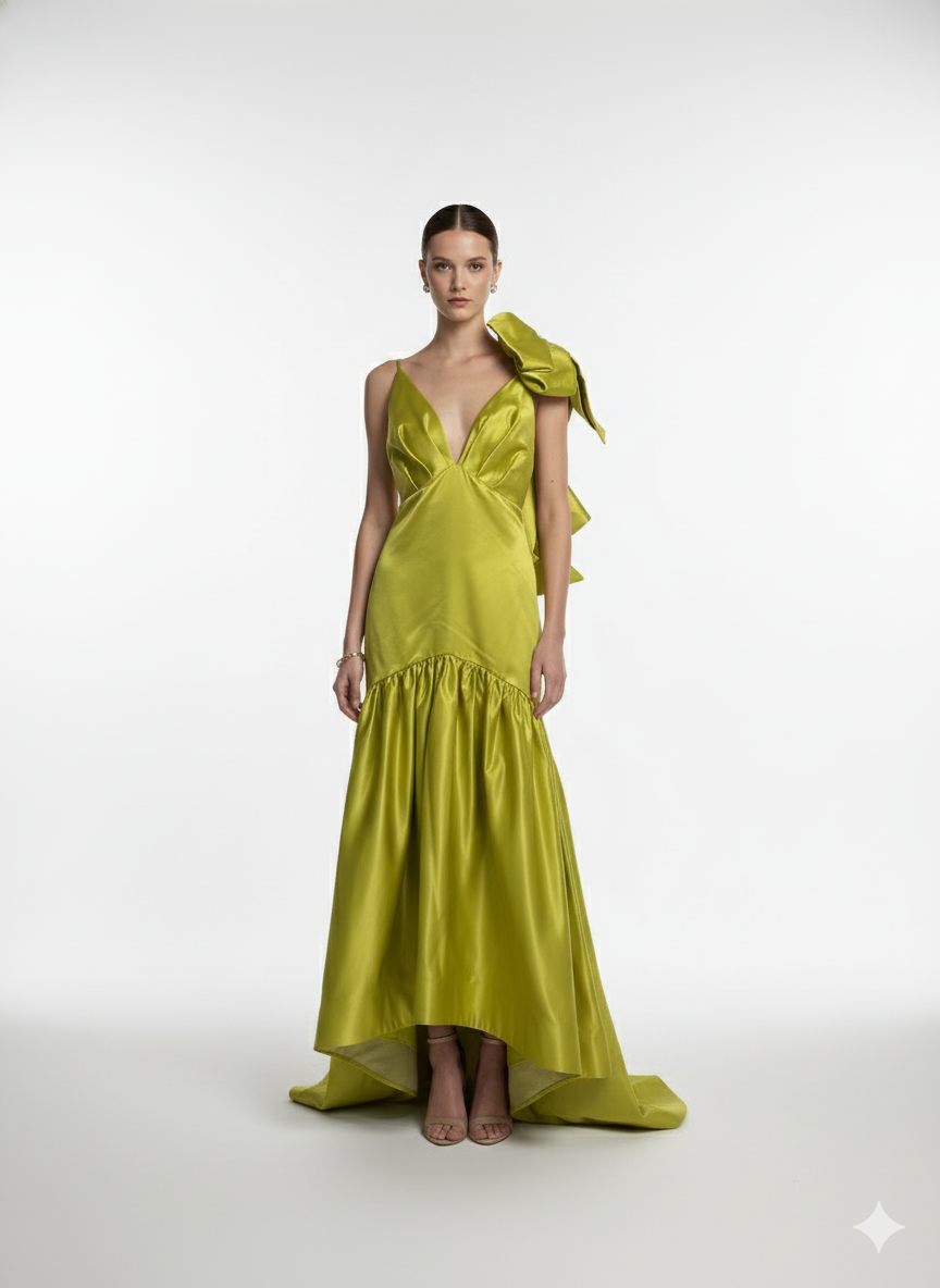 vestido maxi verde con lazo
