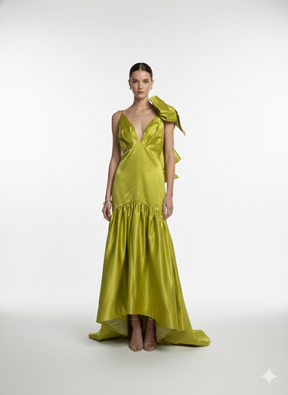 vestido maxi verde con lazo