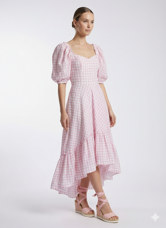 vestido maxi rosa de cuadros