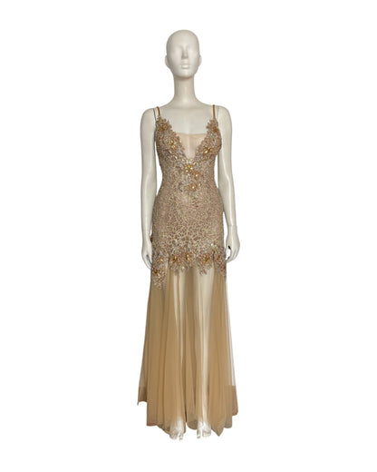 Maxi dress dorado recamado fiesta