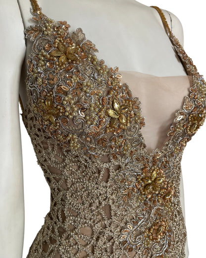 Maxi dress dorado recamado fiesta