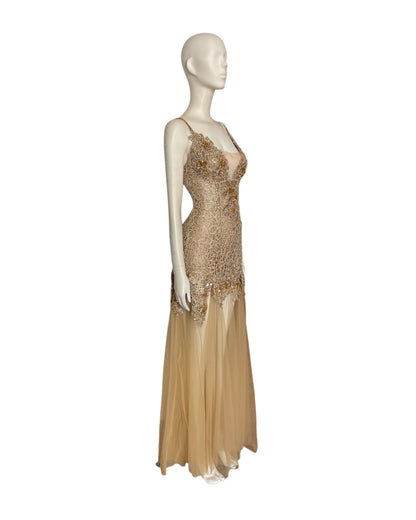 Maxi dress dorado recamado fiesta