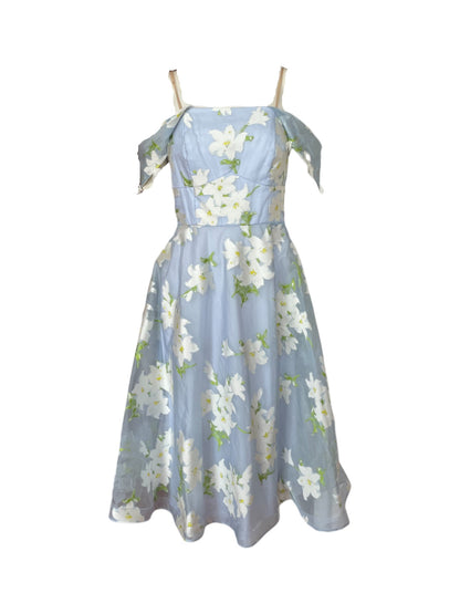 vestido mini azul flores blancas