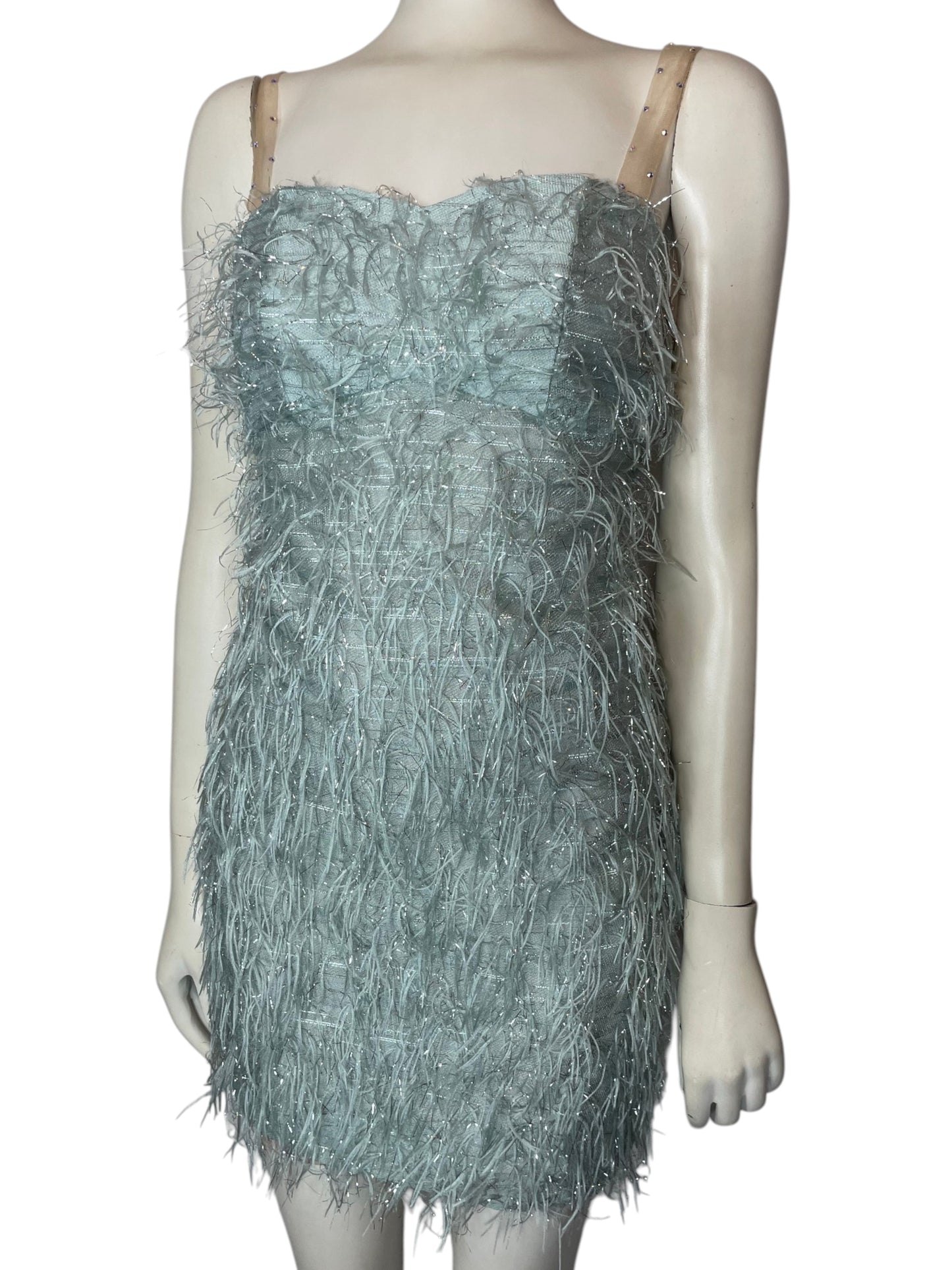 mini vestido plumas azul hielo