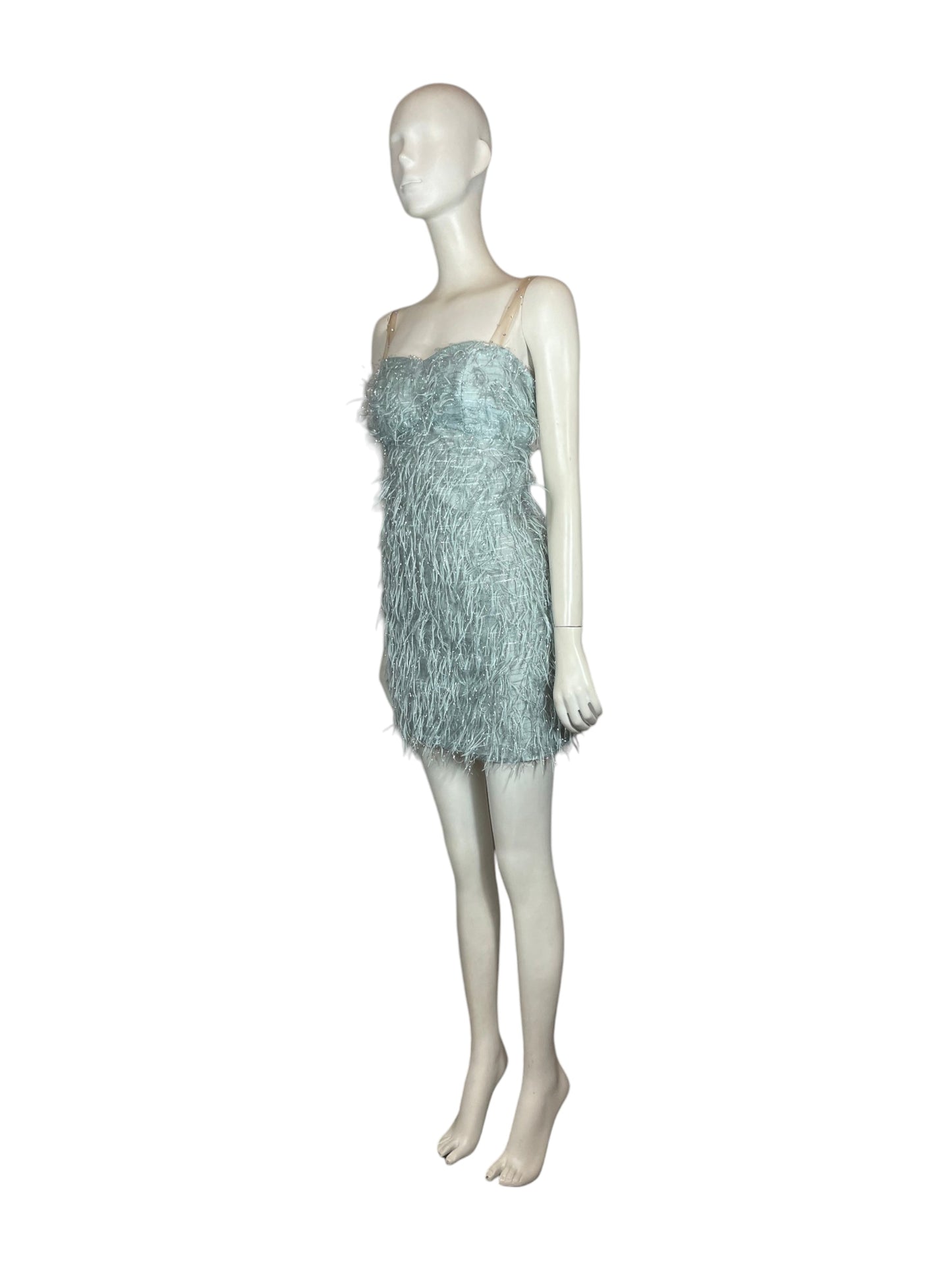 mini vestido plumas azul hielo