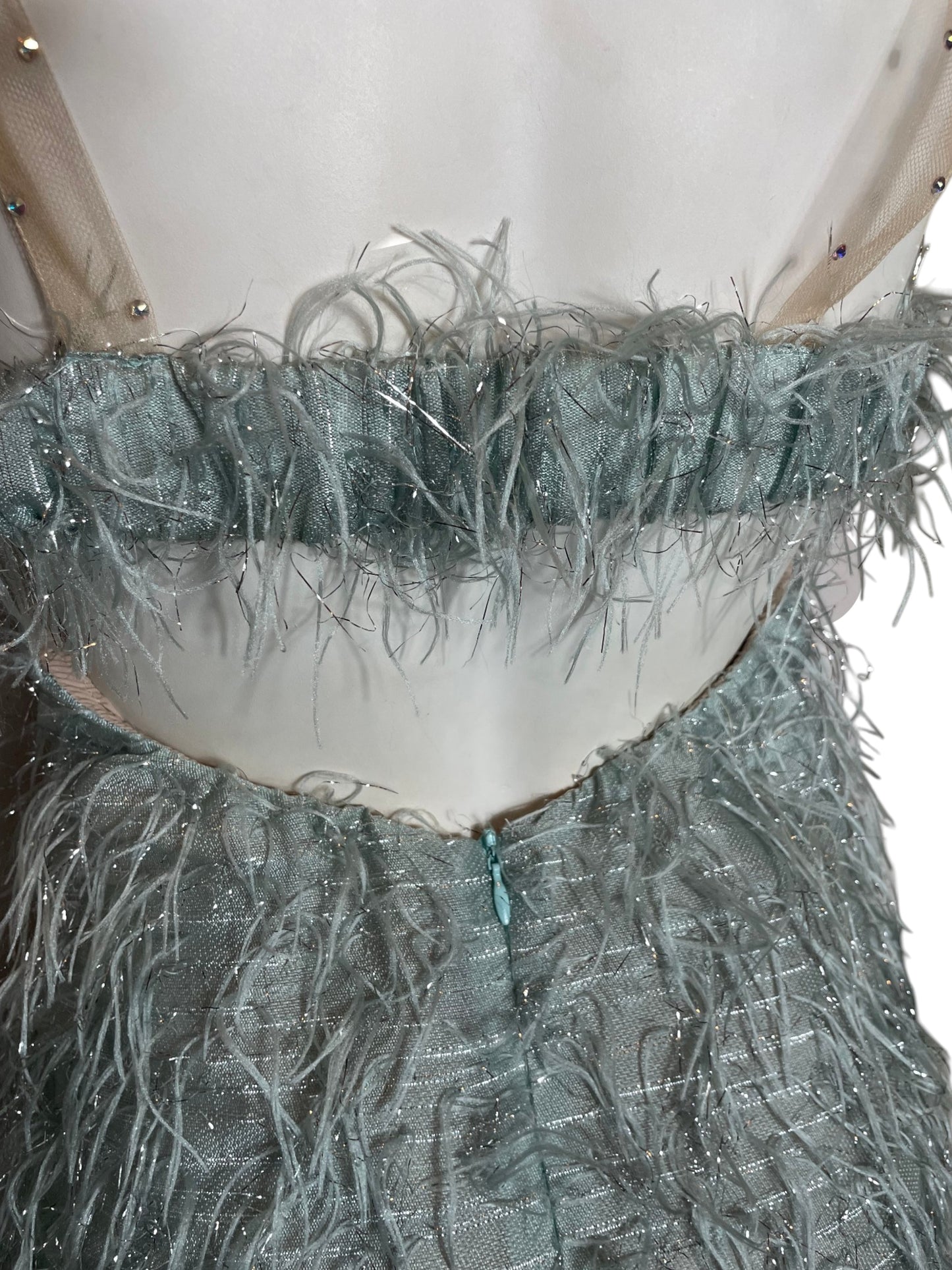 mini vestido plumas azul hielo