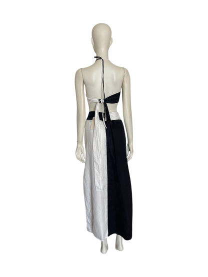 vestido midi asimetrico blanco y negro