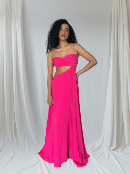 Vestido de fiesta straples fucsia