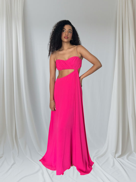 Vestido de fiesta straples fucsia