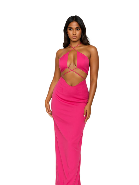 vestido maxi fucsia con escote en el busto