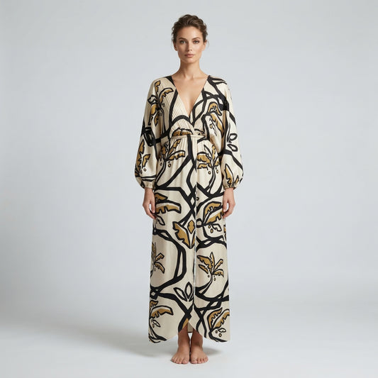 Vestido maxi negro con beige