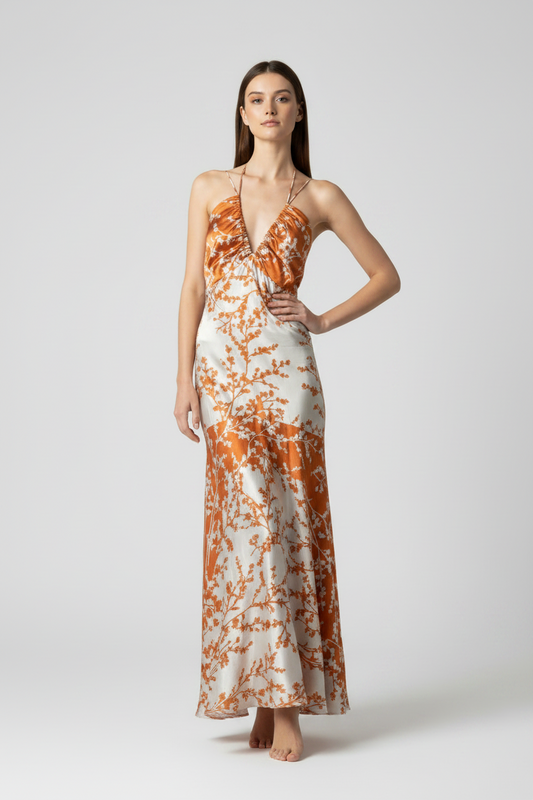Maxi dress flor de seda naranja
