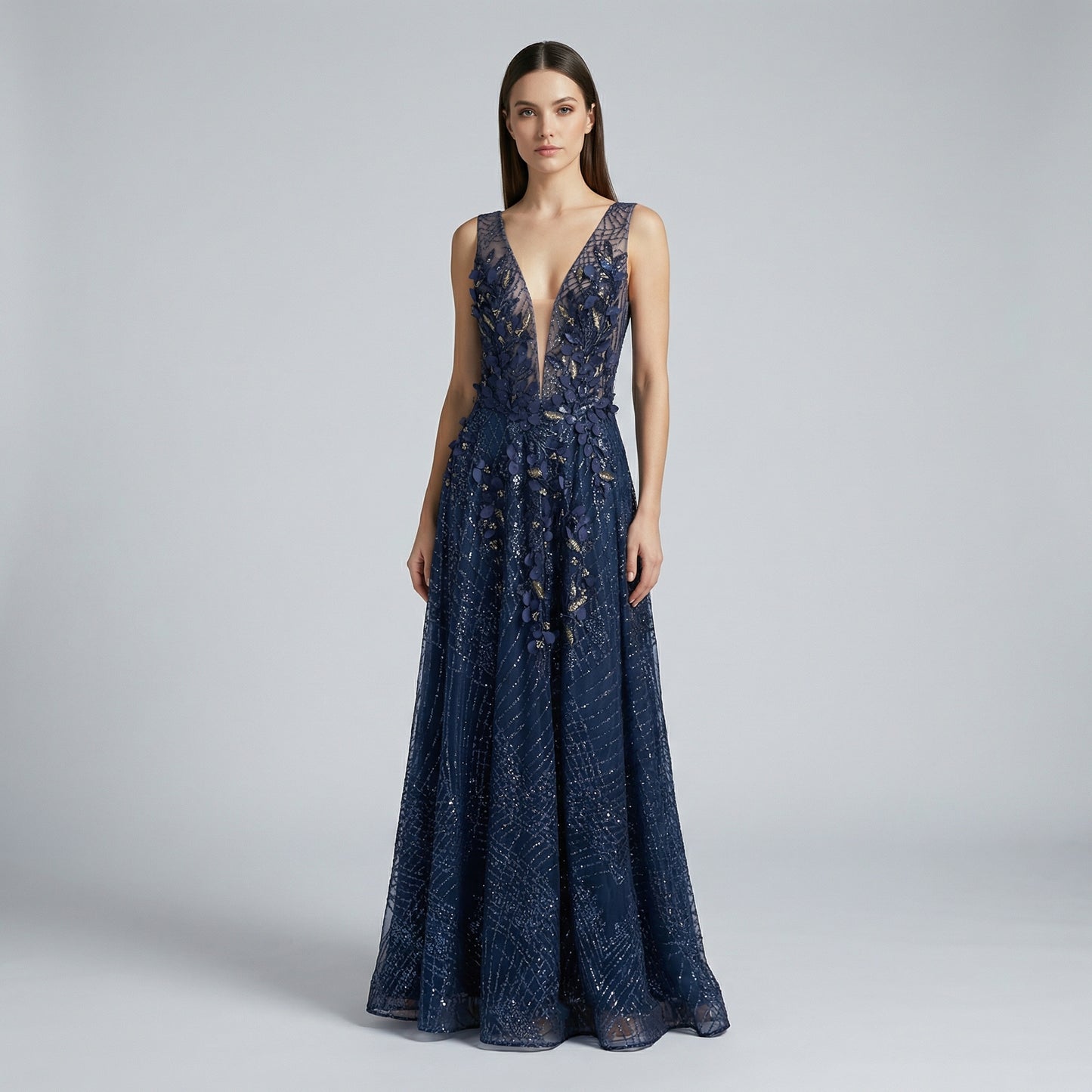 Vestido maxi recamado Azul