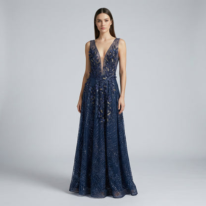 Vestido maxi recamado Azul