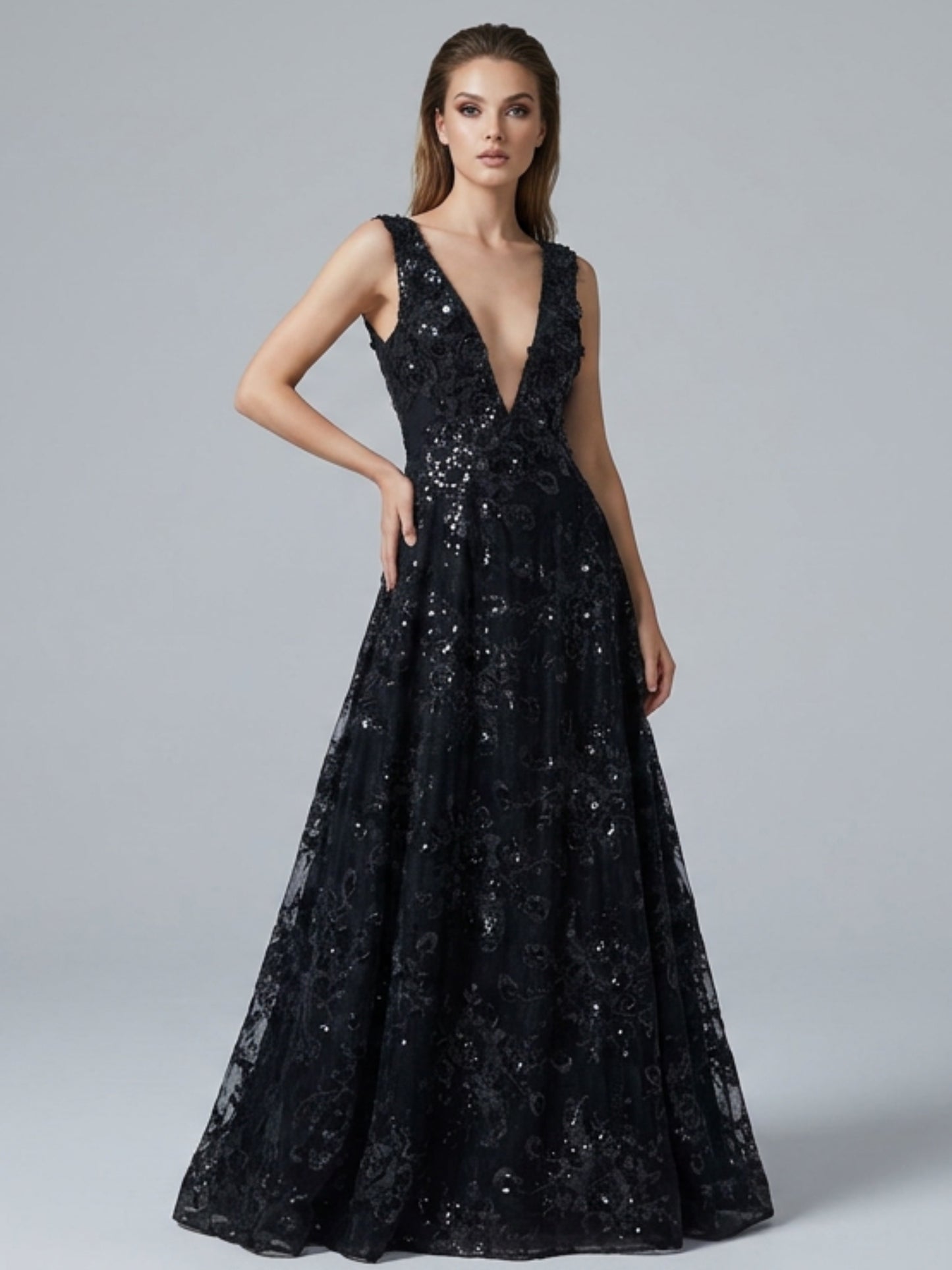 Maxi dress pedrería ilusión negro