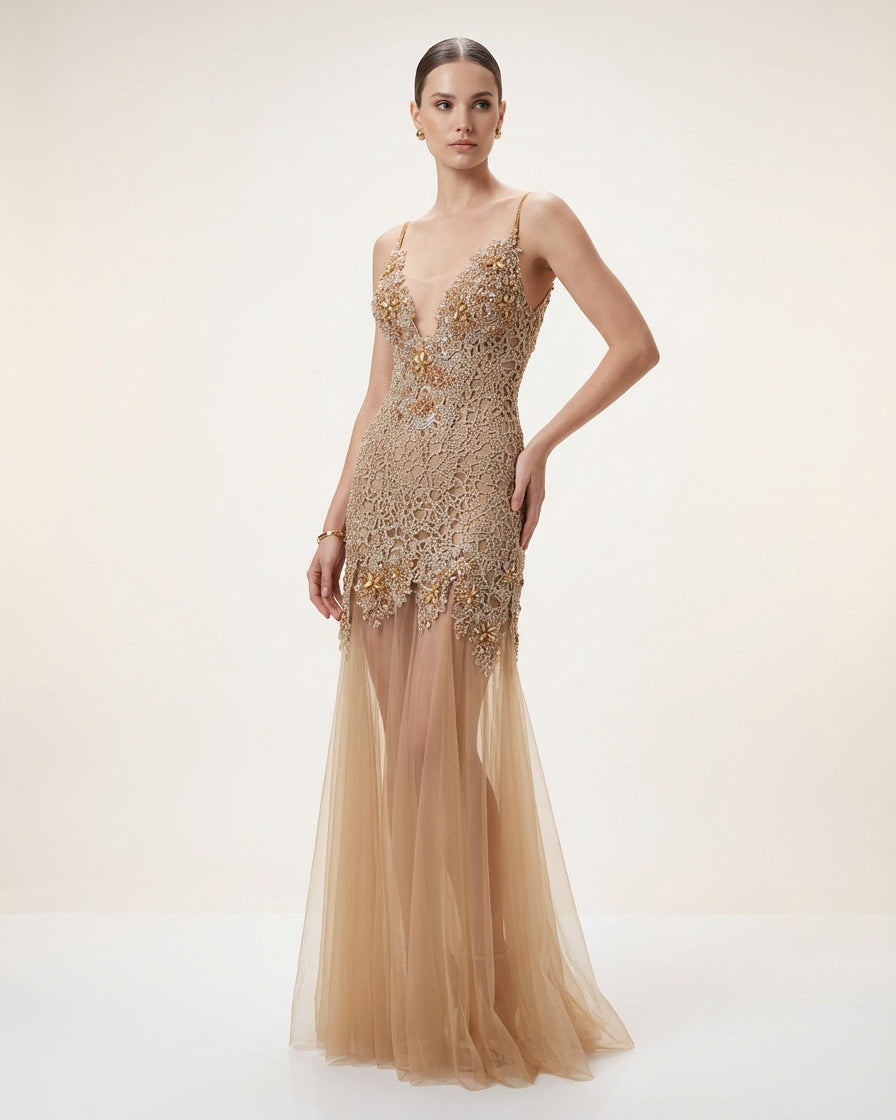 Maxi dress dorado recamado fiesta