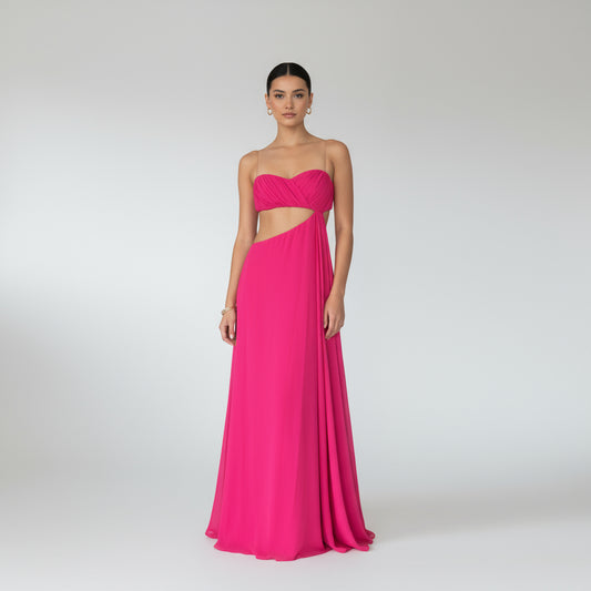 Vestido de fiesta straples fucsia
