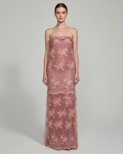Vestido maxi apliques rosados