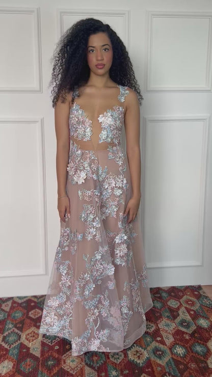 Vestido de fiesta apliques florales