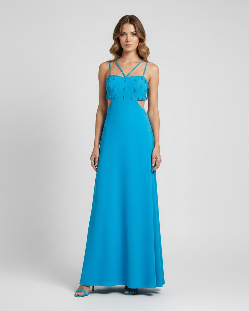 Vestido maxi piedras azul