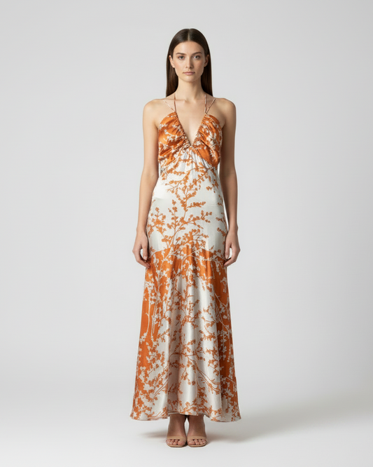 Maxi dress flor de seda naranja