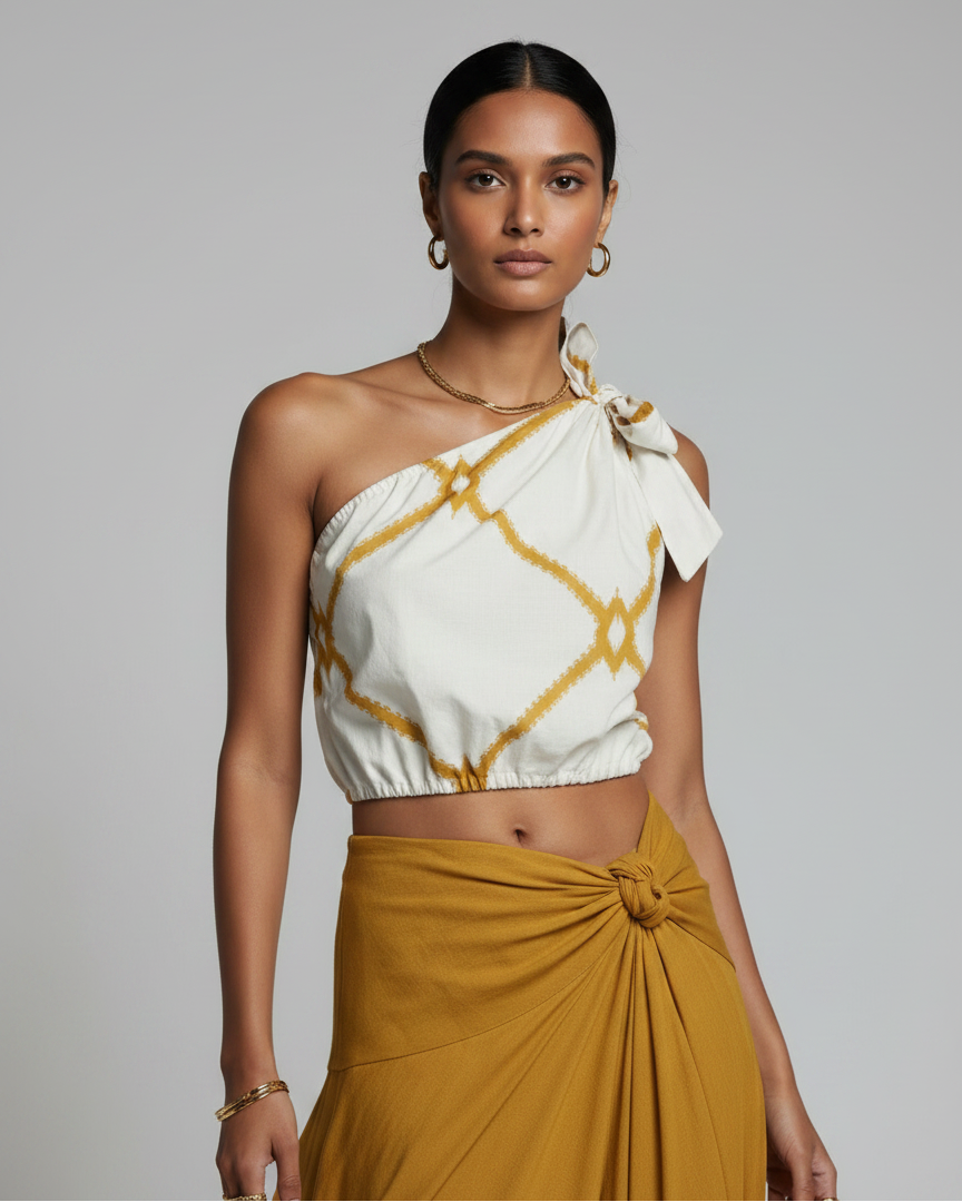 Blusa medio hombro amarillo y beige