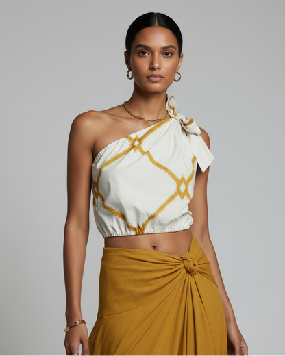 Blusa medio hombro amarillo y beige