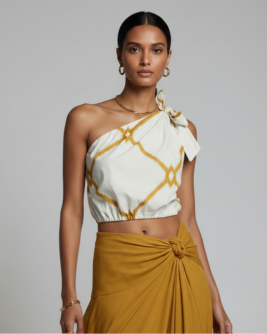 Blusa medio hombro amarillo y beige